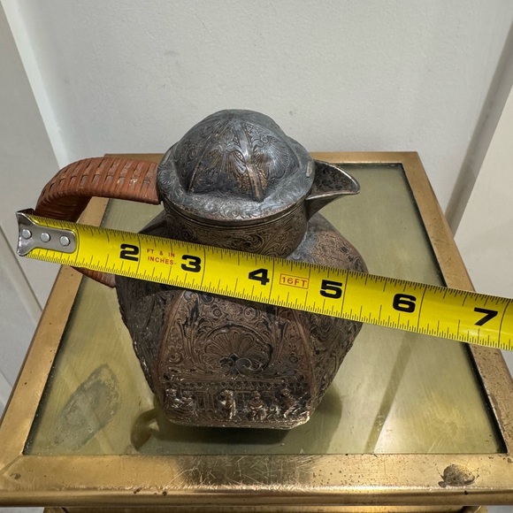 Antique E G Webster Silver Plate Copper Repousse Engraved Teapot Rattan Handle - Picture 7 of 8